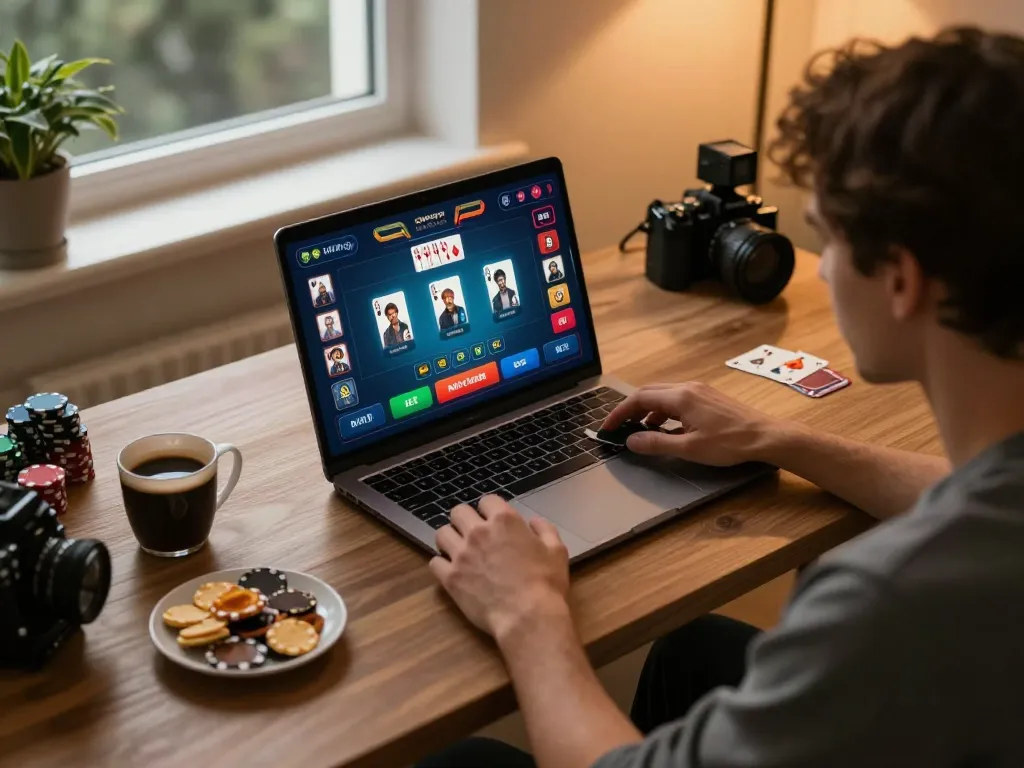 Engaging online poker game at okfun with a vibrant interface and relaxed home setup.
