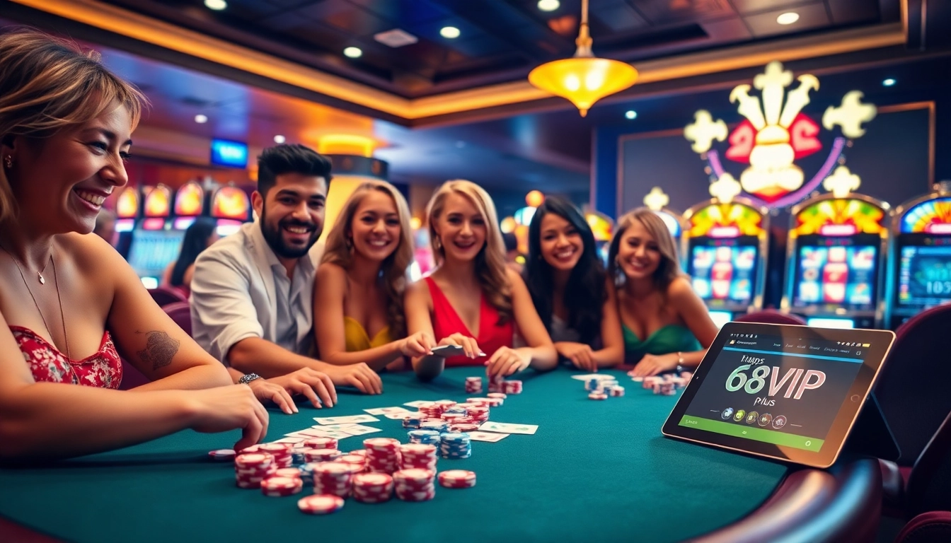 Experience excitement at https://68vip.plus/ with a dynamic casino scene featuring poker players and vibrant chips.
