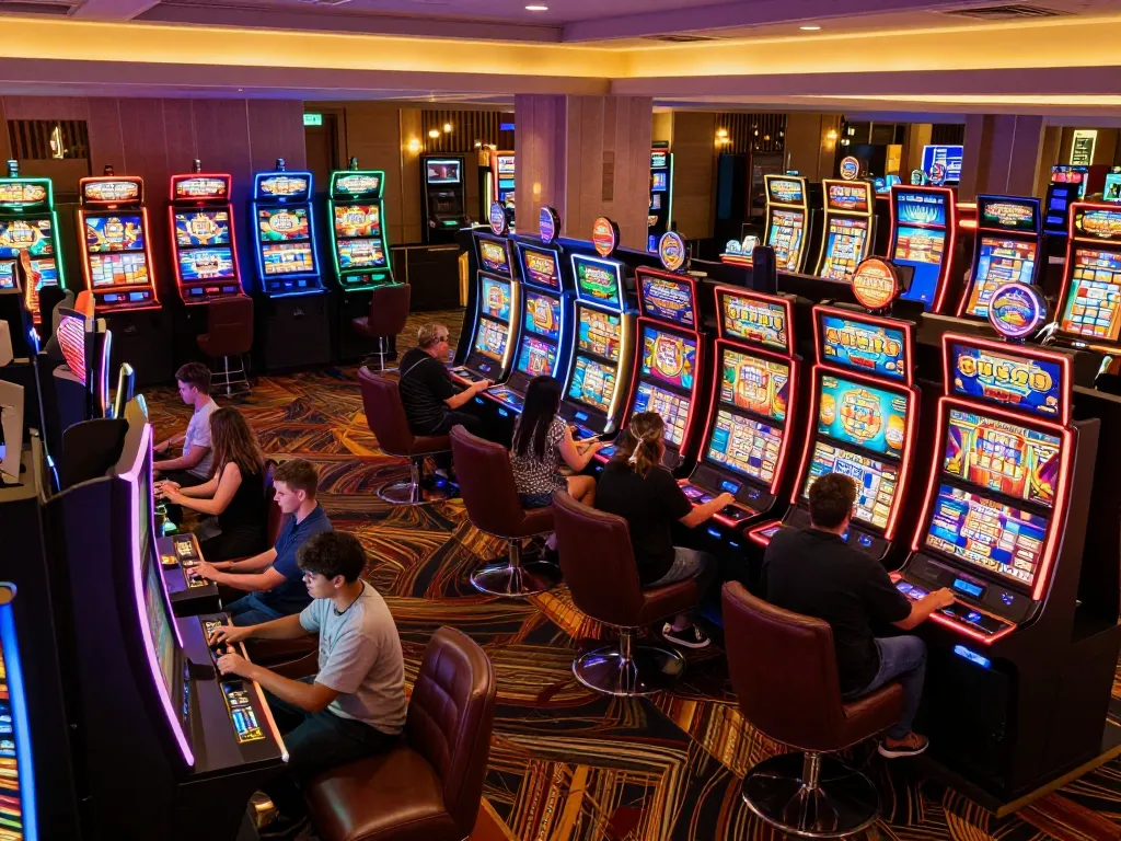 Players enjoying slot gacor 777 games, celebrating wins amidst a colorful casino atmosphere
