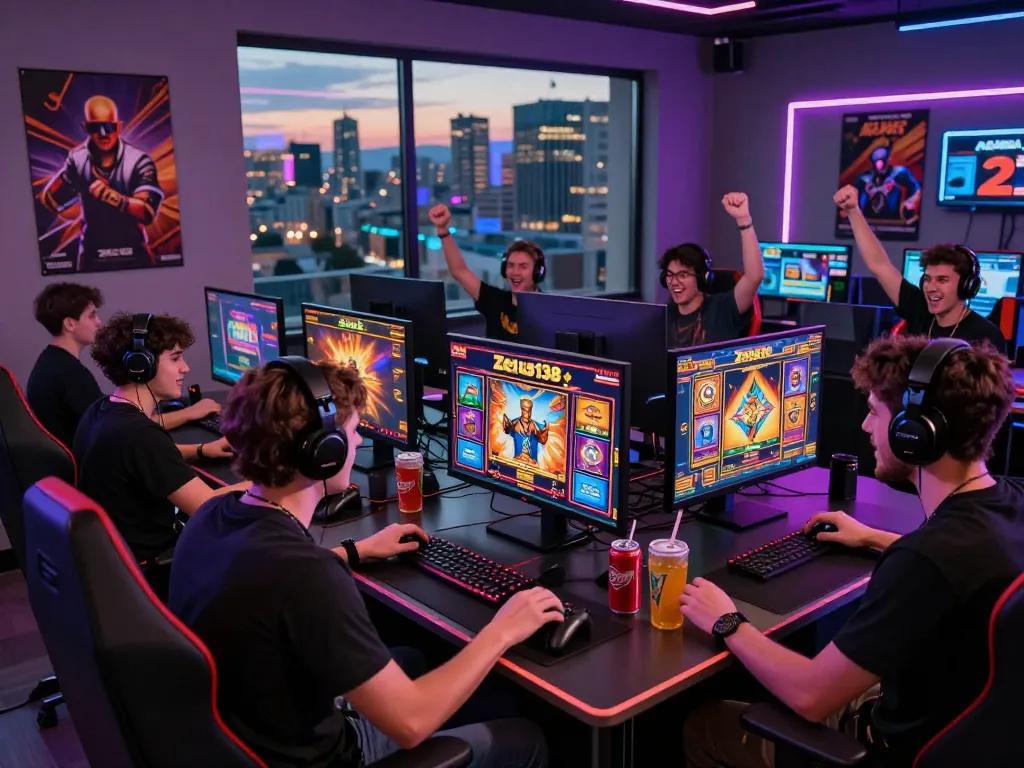 Players enjoying the exciting slot games on Zeus138 in a vibrant gaming setup.