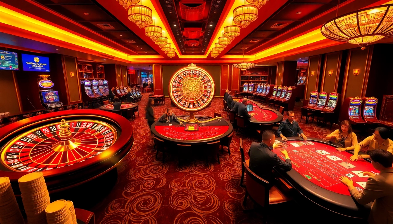 An exciting casino scene representing games found at https://nk88net.com/, showcasing roulette and blackjack tables.