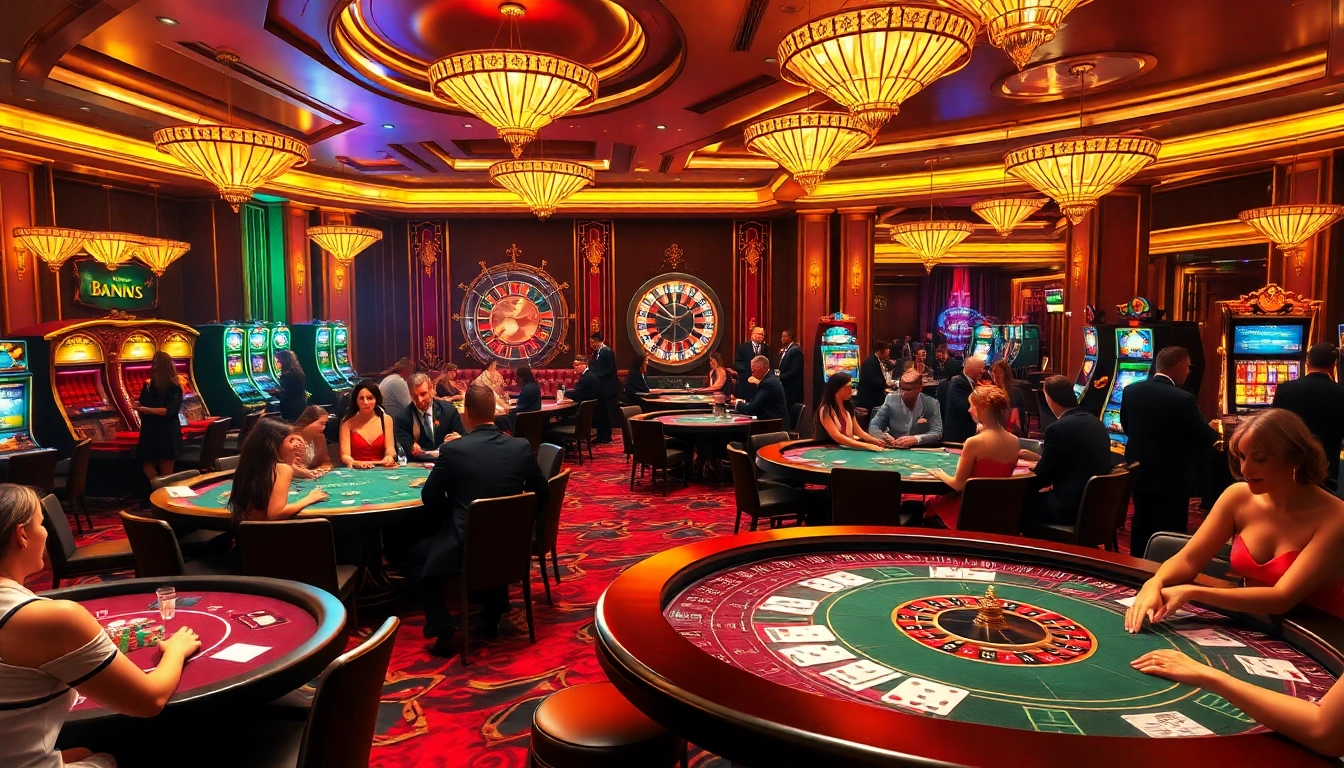 Players enjoying high-stakes poker at B52club casino, surrounded by vibrant slot machines and roulette.