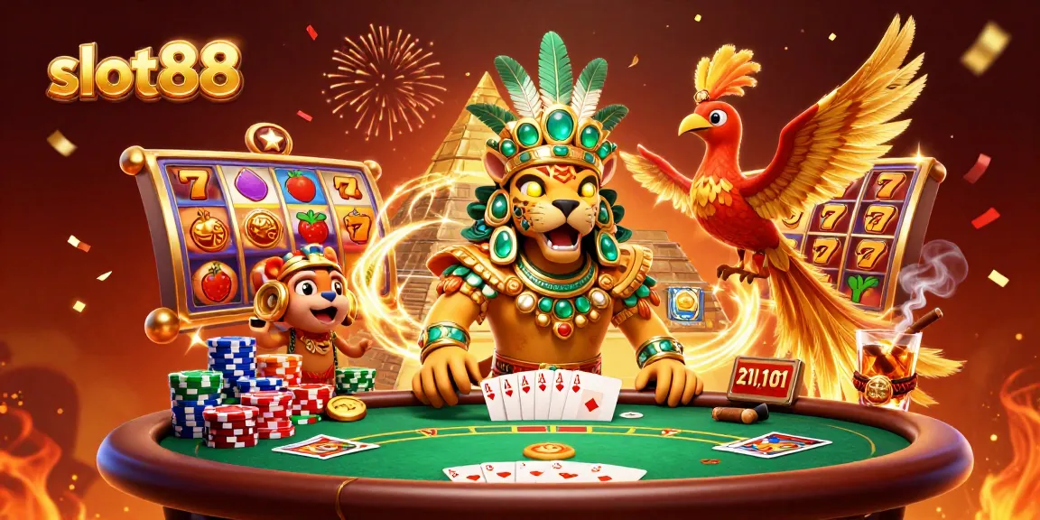 Slot88 menawarkan suasana menarik dengan jackpot mega dan simbol keberuntungan di latar belakang.