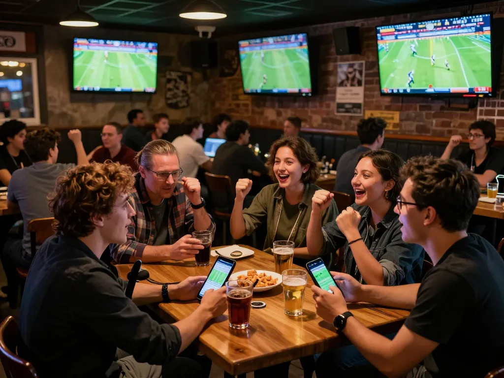 Tỷ lệ kèo nhà cái during a live football match at a sports bar, fans checking bets excitedly.