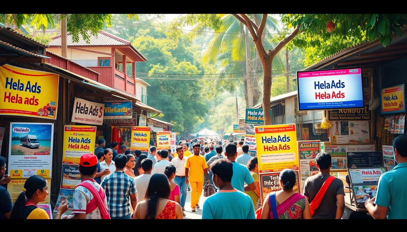 Hela Ads showcasing a lively Sri Lankan marketplace with diverse people and vibrant advertisements.