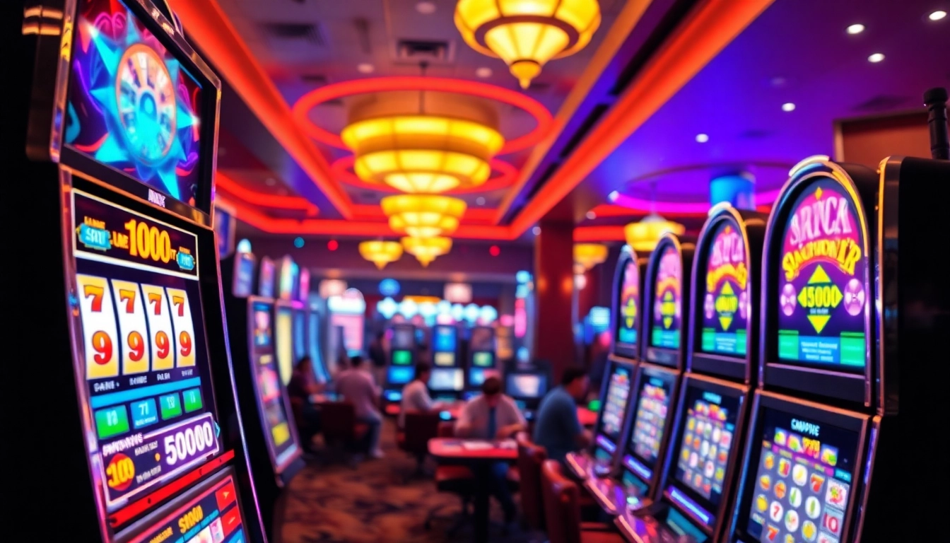 Slot deposit 5000 dalam mesin slot kasino yang ceria dengan pemain yang antusias.