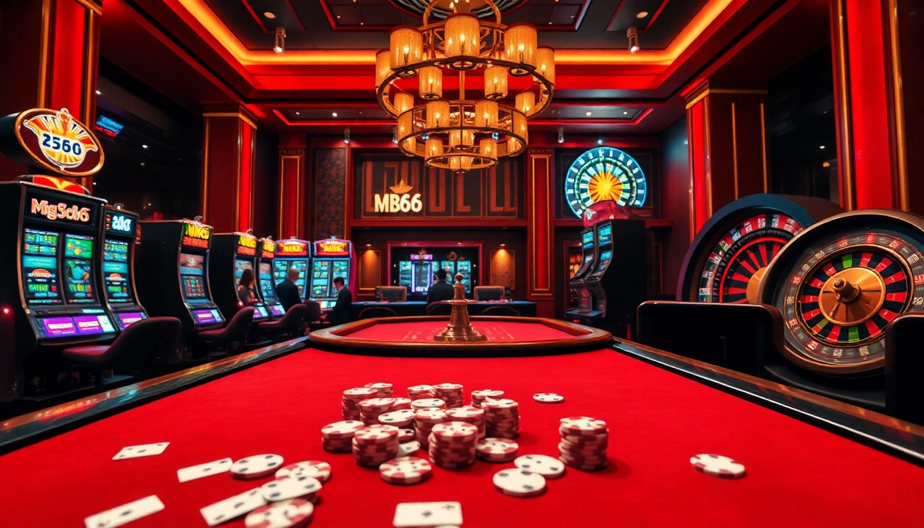 Experience the thrill of MB66 at a luxurious casino table surrounded by vibrant gaming elements.