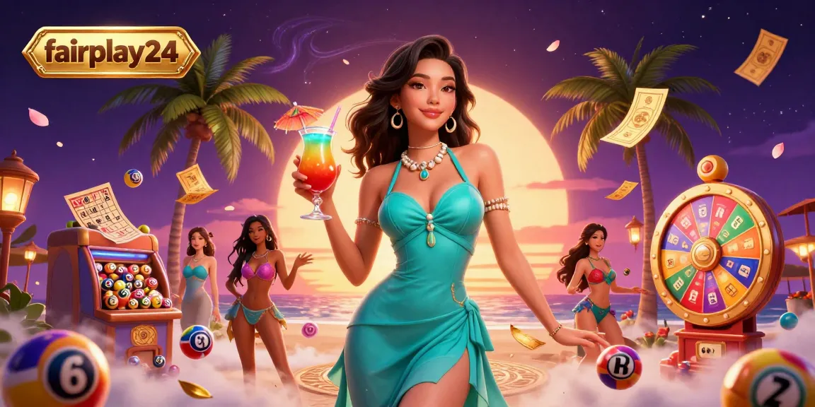 Engage in thrilling bets with fairplay24, surrounded by vibrant lottery elements and a stunning casino scene.