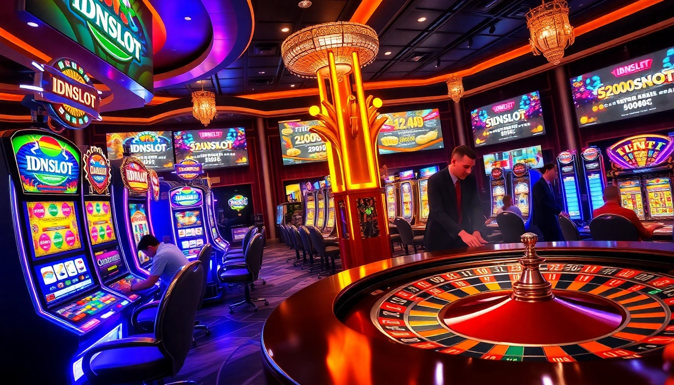 IDNSLOT gaming experience with players celebrating jackpots at colorful slot machines.