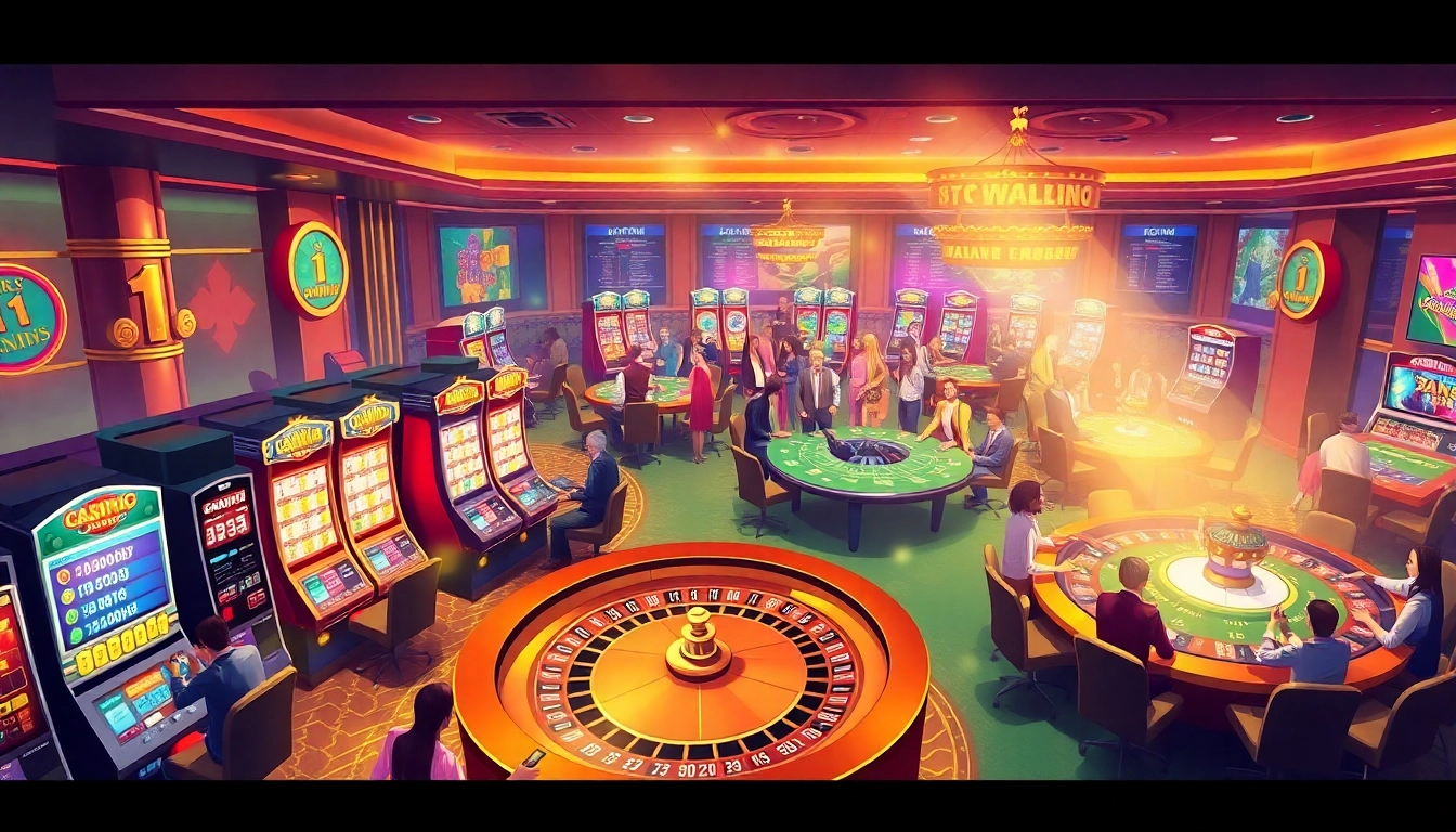 Exciting casino scene with gamblers engaging in slot machines and poker, showcasing 11WIN experience.