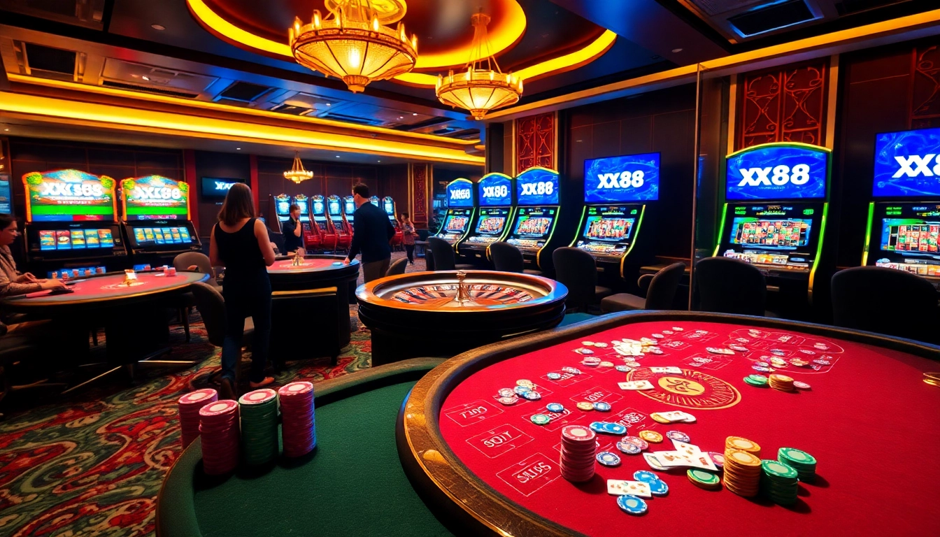 Experience the excitement of XX88 with poker chips, a roulette wheel, and vibrant casino visuals.