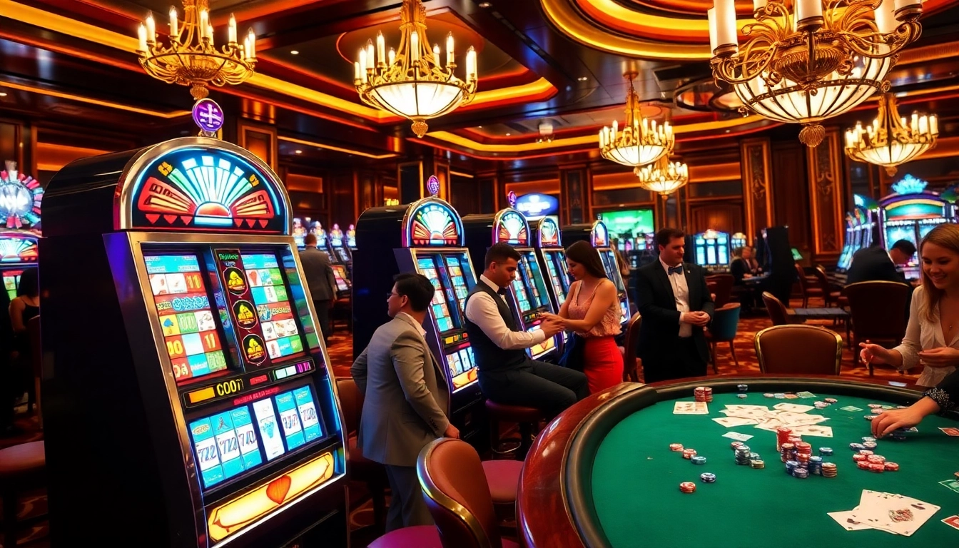 Engaged players at a 슬롯사이트 enjoy the excitement of colorful slot machines and casino games.