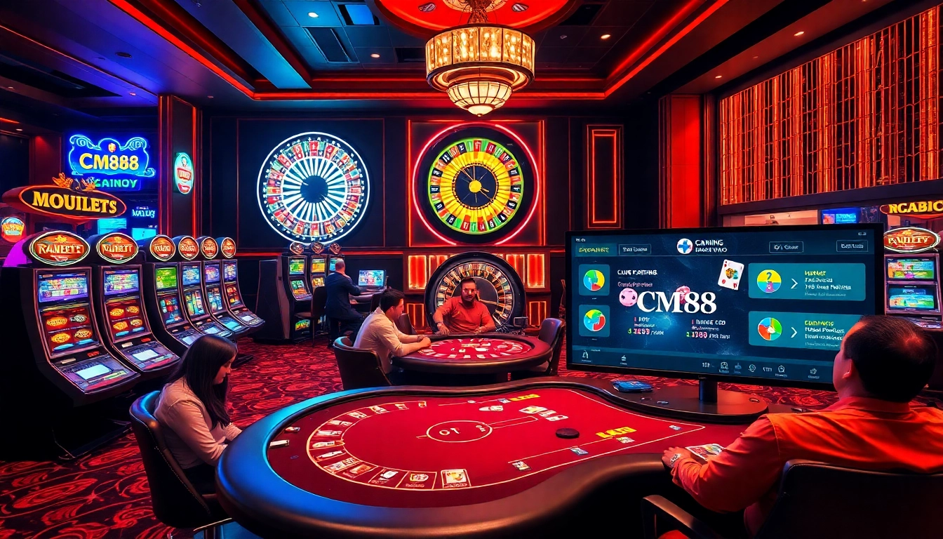 Exciting casino atmosphere at CM88 with poker games and colorful slots.