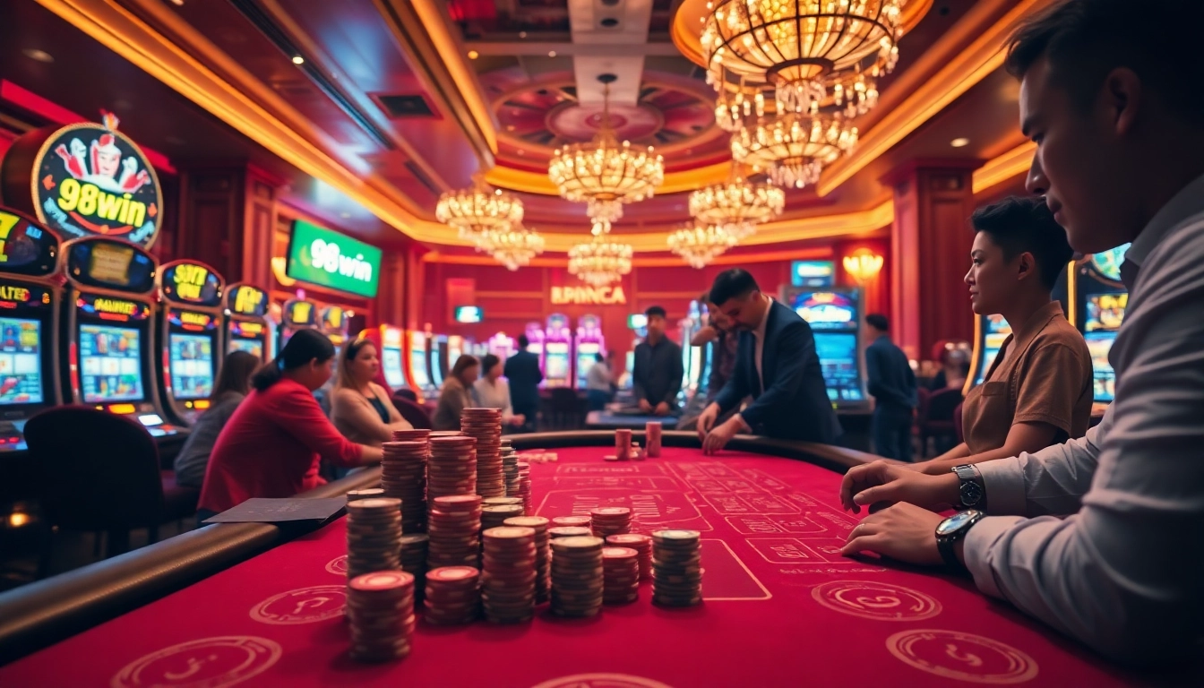Enjoy the excitement of gambling at link 98win with a vibrant baccarat table and colorful slot machines.