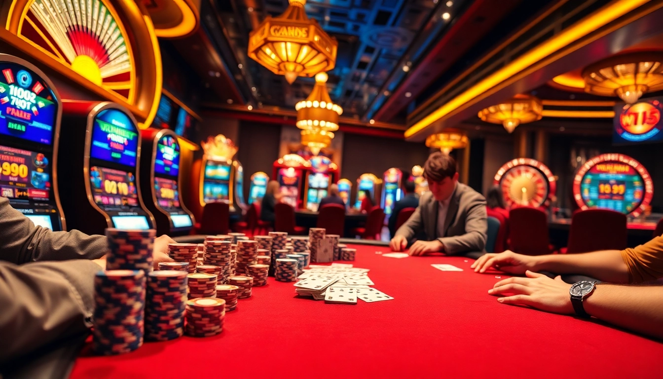 Experience thrilling gameplay at win55 with a vibrant casino atmosphere featuring poker tables and slot machines.