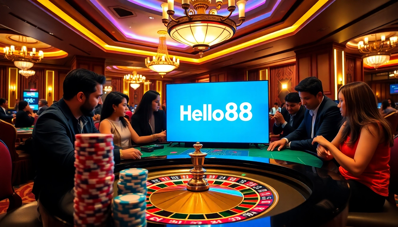 Players enjoying an intense poker game at Hello88 casino, showcasing a vibrant and luxurious atmosphere.