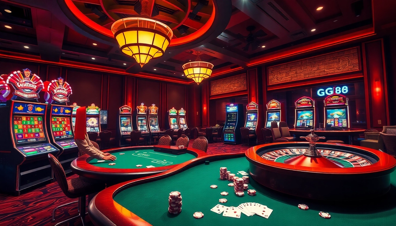 Experience the thrilling atmosphere of GG88's online casino with vibrant games and players engaged in betting.