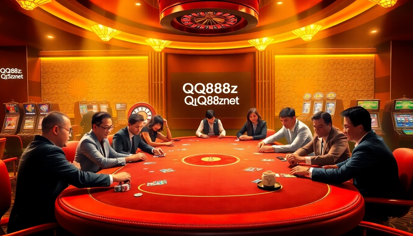 Gambling scene at QQ88z Net featuring a luxurious casino table and poker chips in action.