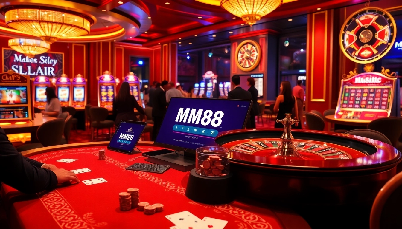 Experience the thrill of MM88 LINK with vibrant casino gaming, featuring poker tables and roulette wheels.