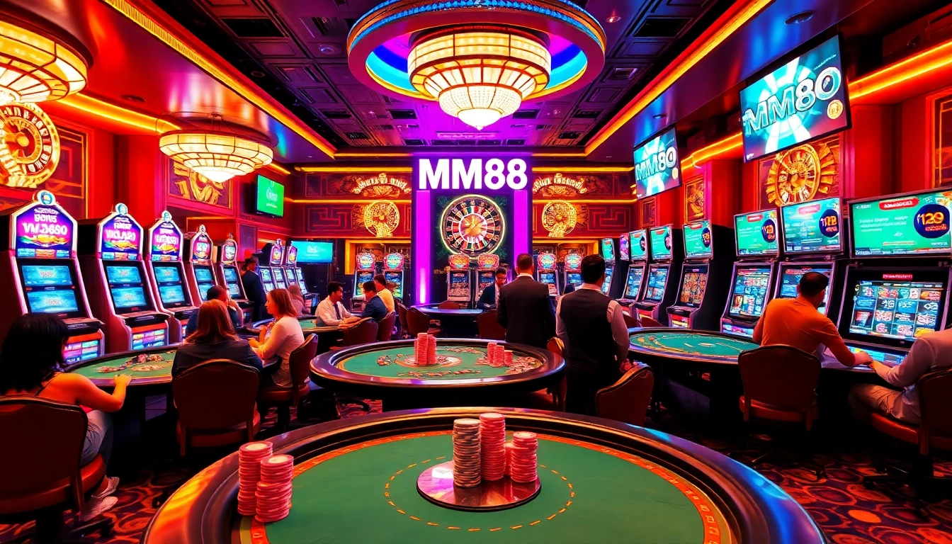 Experience live casino action at https://mm88.how/ with vibrant gaming tables, roulette wheels, and excited players.