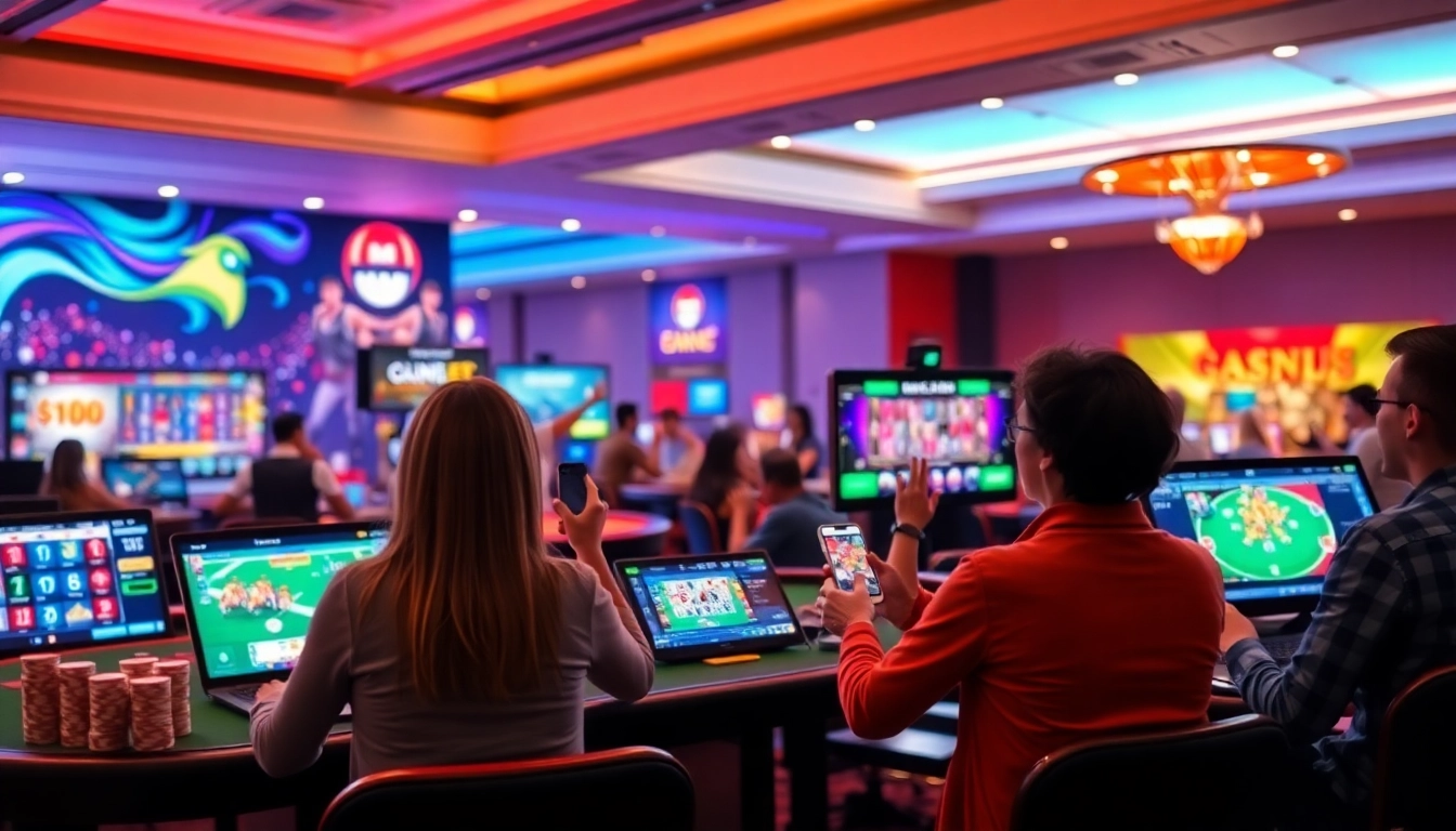 Experience bolagacor's vibrant online casino ambiance with players enjoying football betting and slots.