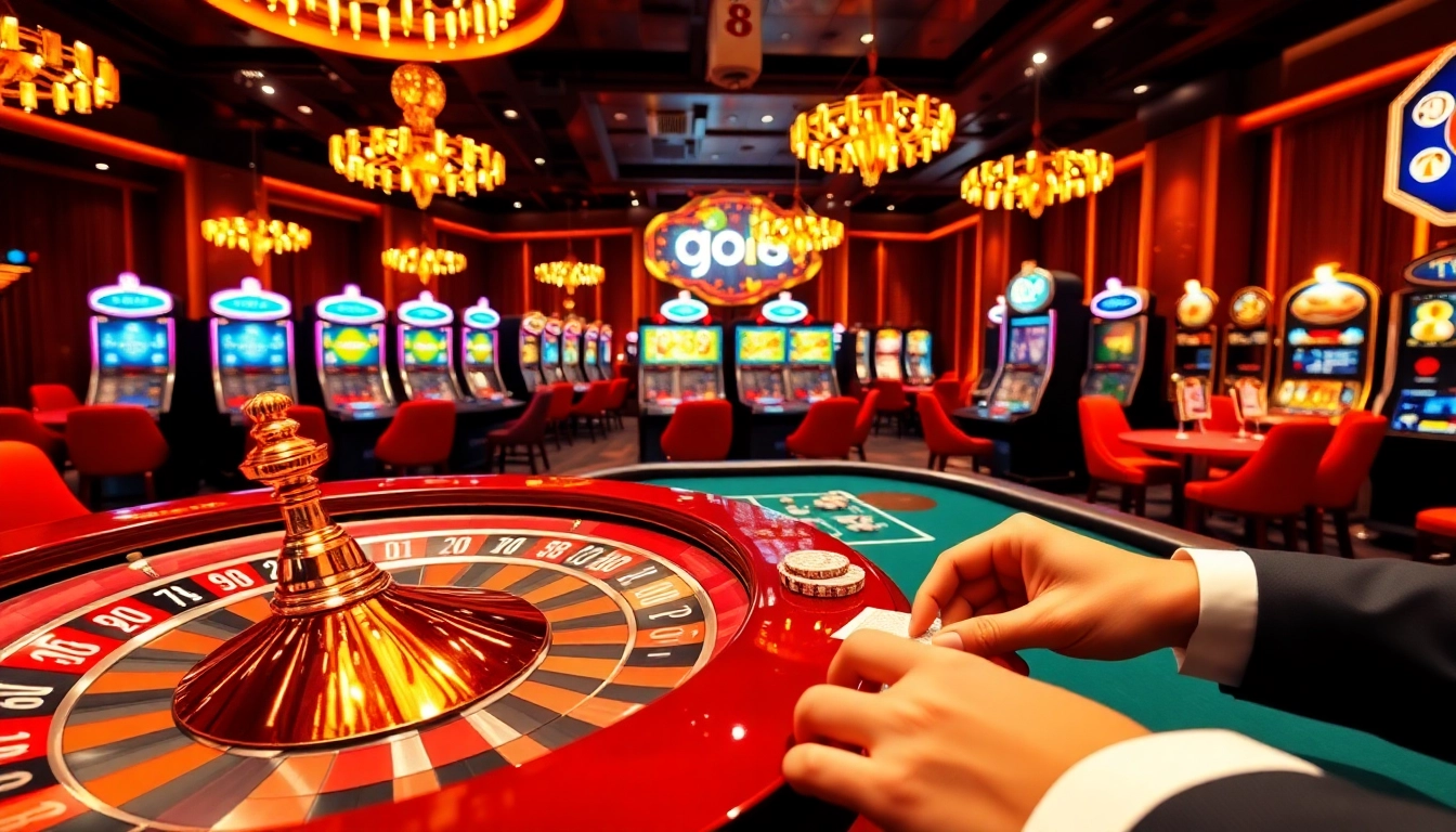 Players enjoying an exciting game at go8.com, featuring a vibrant casino atmosphere with roulette and poker tables.