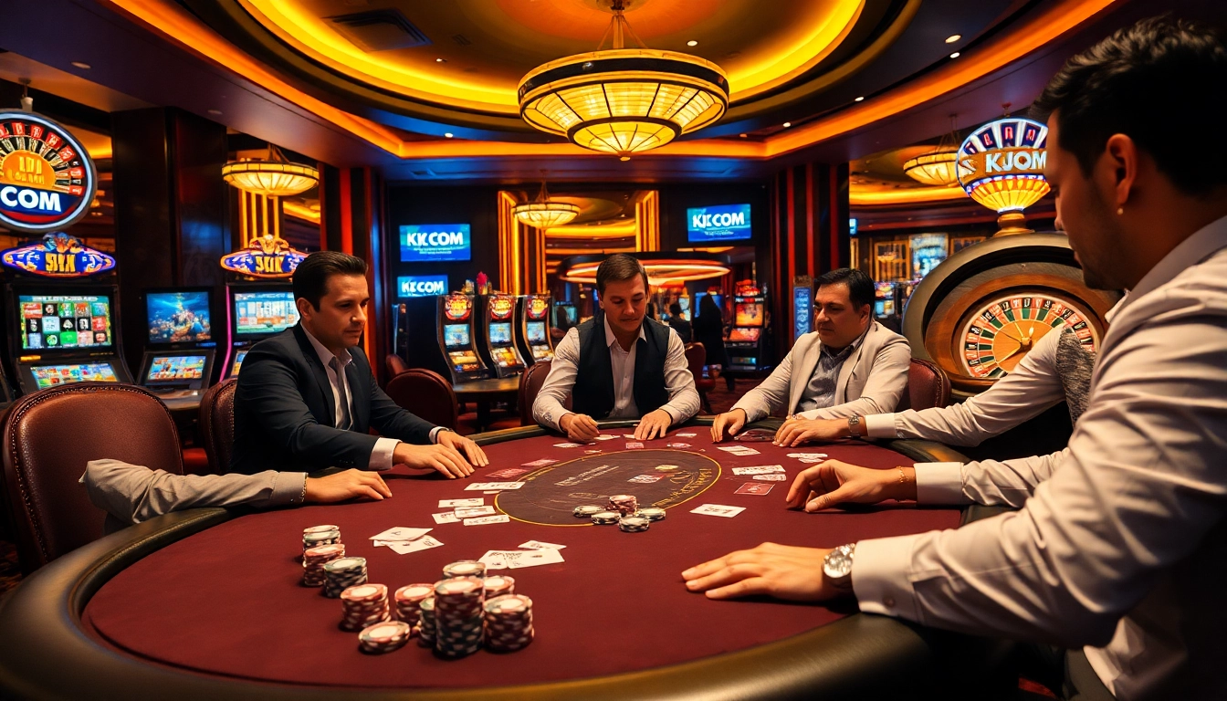 Experience the excitement at KJC COM with a vibrant casino scene of poker players and roulette.