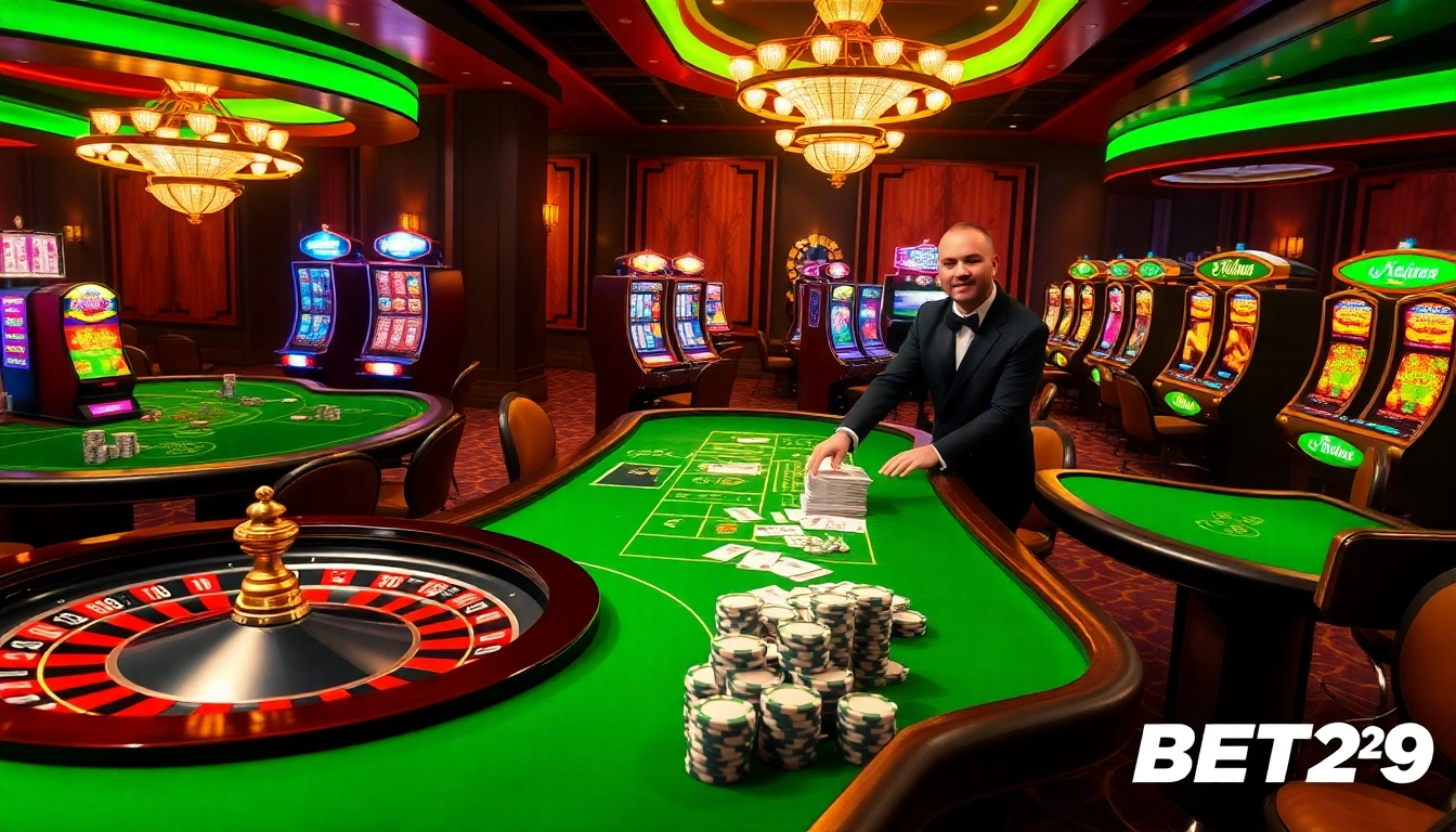 Engage with the thrilling casino experience at BET29, featuring vibrant tables and roulette in action.