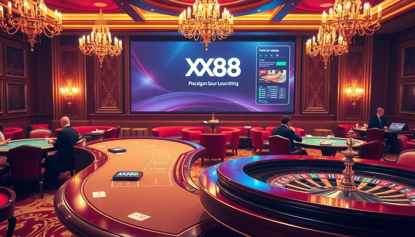 Players enjoying poker and roulette in a luxurious XX88 casino setting, embodying excitement and strategy.
