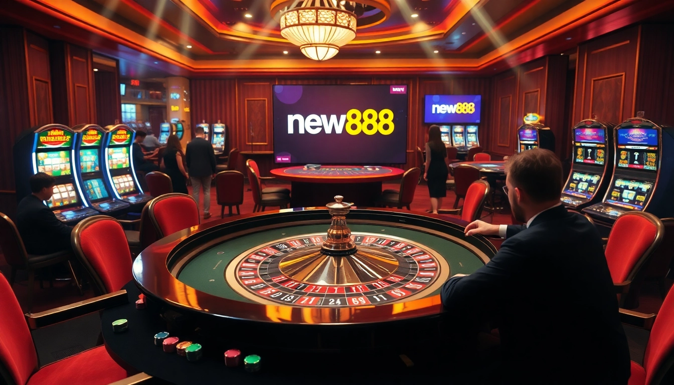 Experience the thrill of betting at new888's luxurious casino with roulette, chips, and excited players.