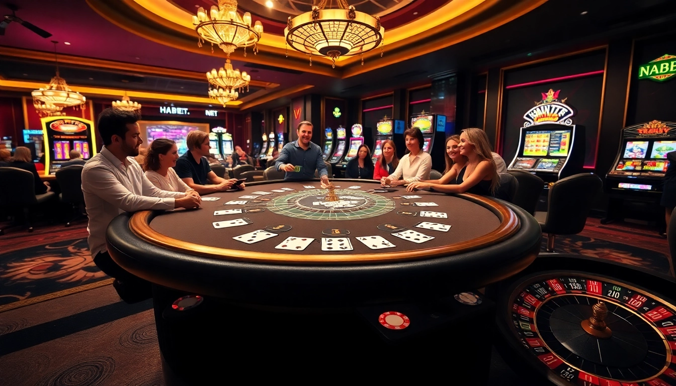 Engage in thrilling gaming action at tha-bet.pro with players enjoying high-stakes blackjack and vibrant slot machines.