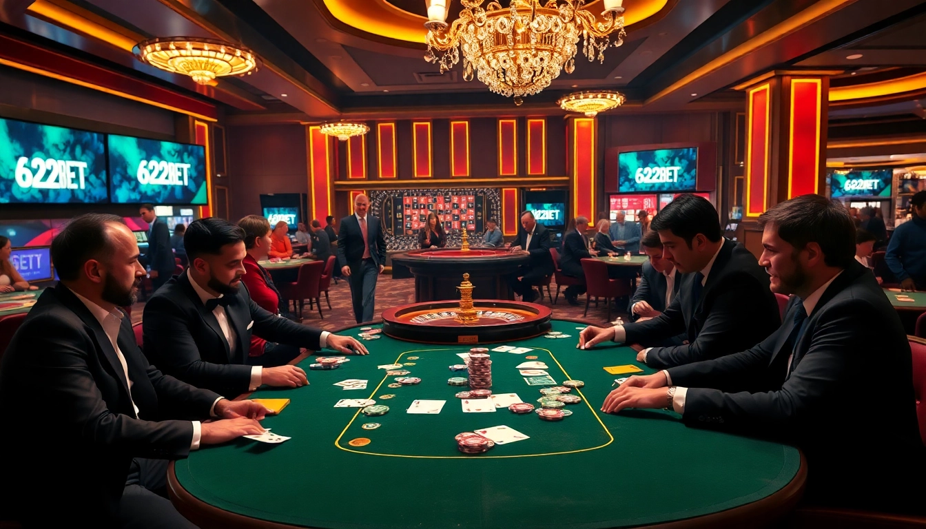 Experience the thrill of 622BET at a luxurious poker table with vibrant casino elements.