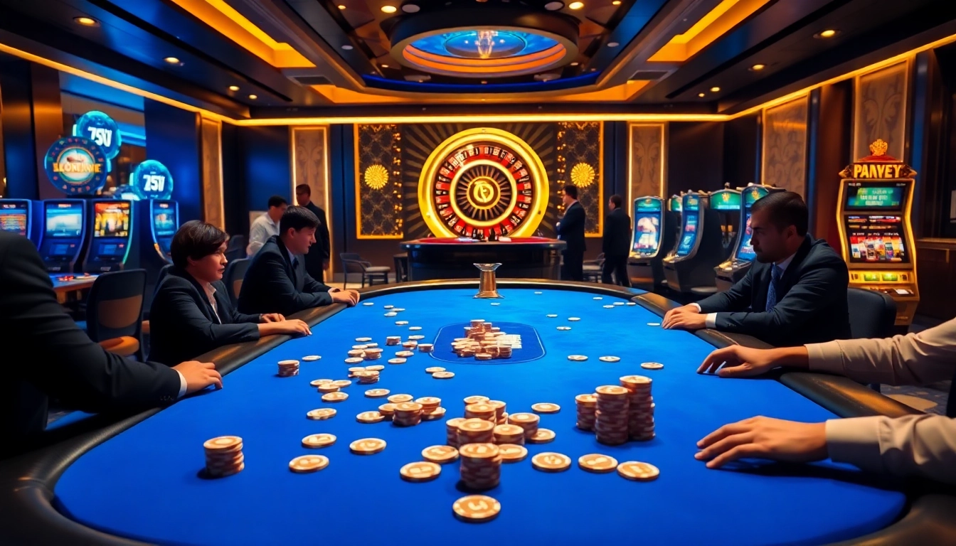 A thrilling LC 88 gaming experience showcasing poker action with vibrant casino tables and elegant decor.