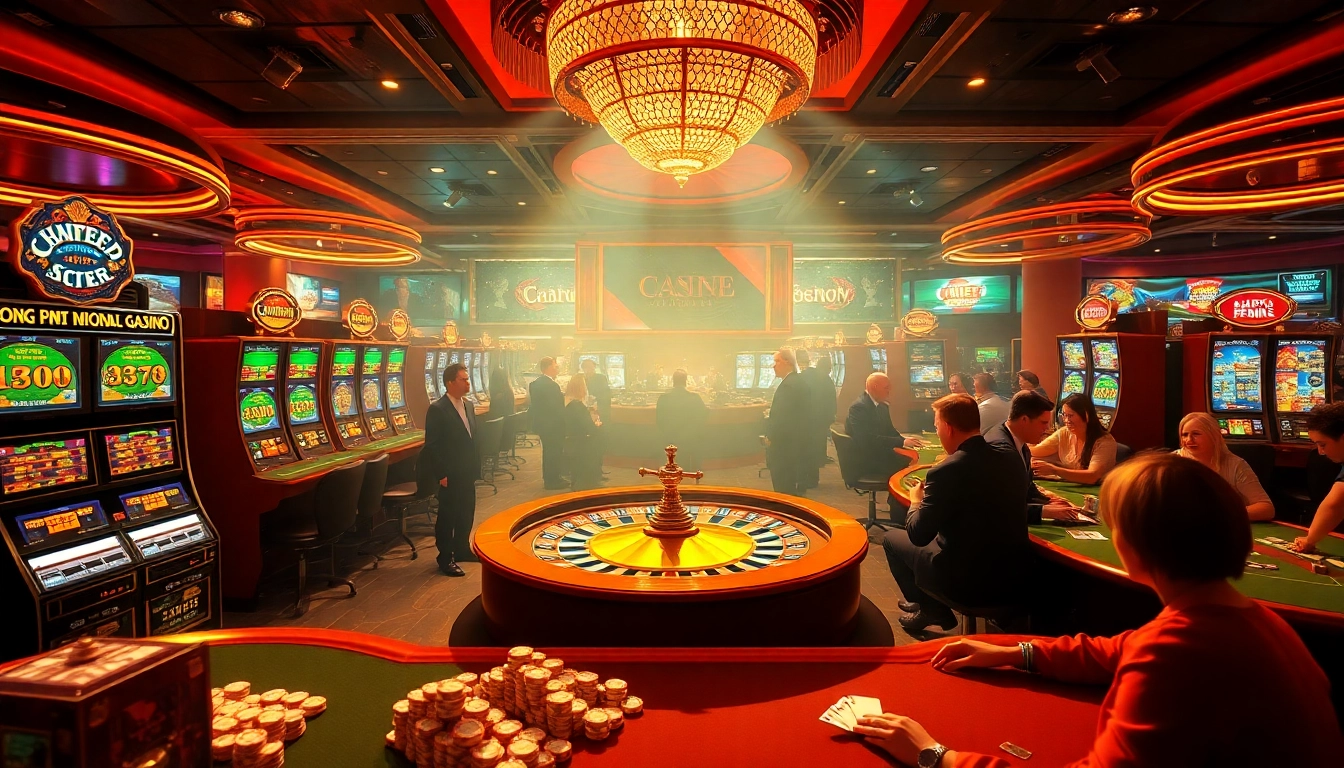 Gambling at https://kkwin.life with vibrant slot machines and poker tables in a luxurious casino setting.