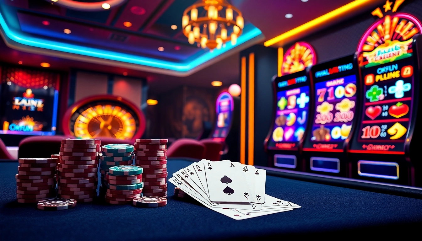 Engage with thrilling games at Okfun's vibrant casino, showcasing poker chips and roulette wheel.