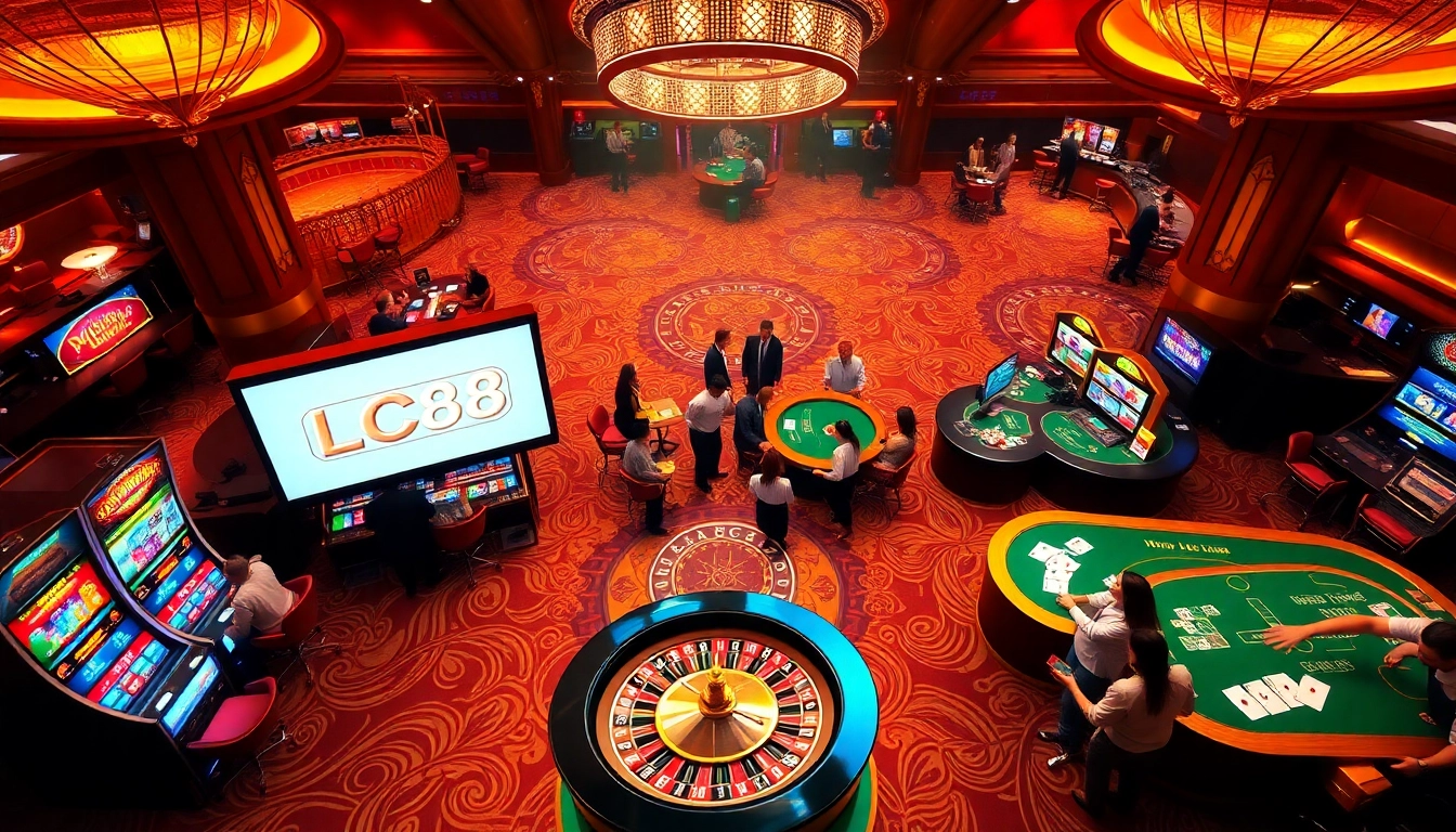 Experience the excitement of Nhà cái LC88 with vibrant casino visuals showcasing thrilling gameplay.