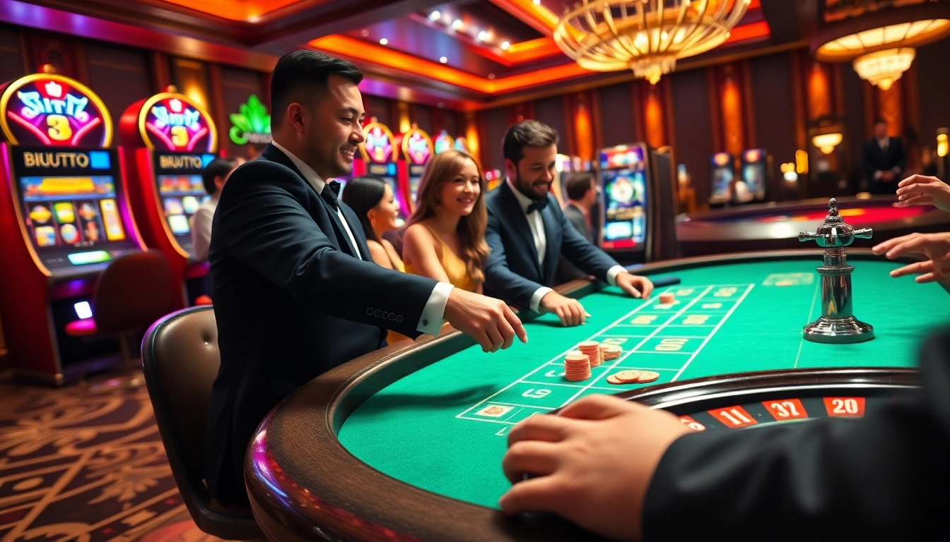Experience birutoto excitement at a luxurious casino with vibrant gaming tables and slot machines.