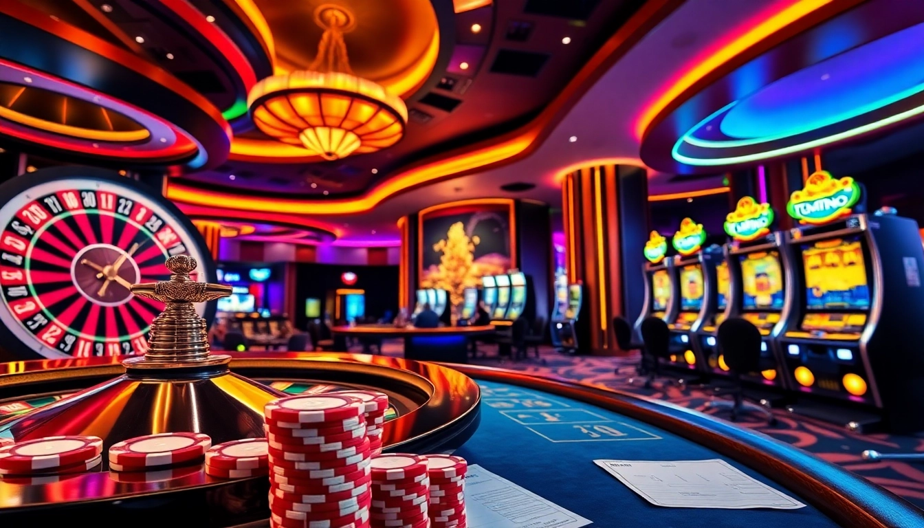 A thrilling casino scene at kkwin.com featuring poker chips, a roulette wheel, and vibrant slot machines.