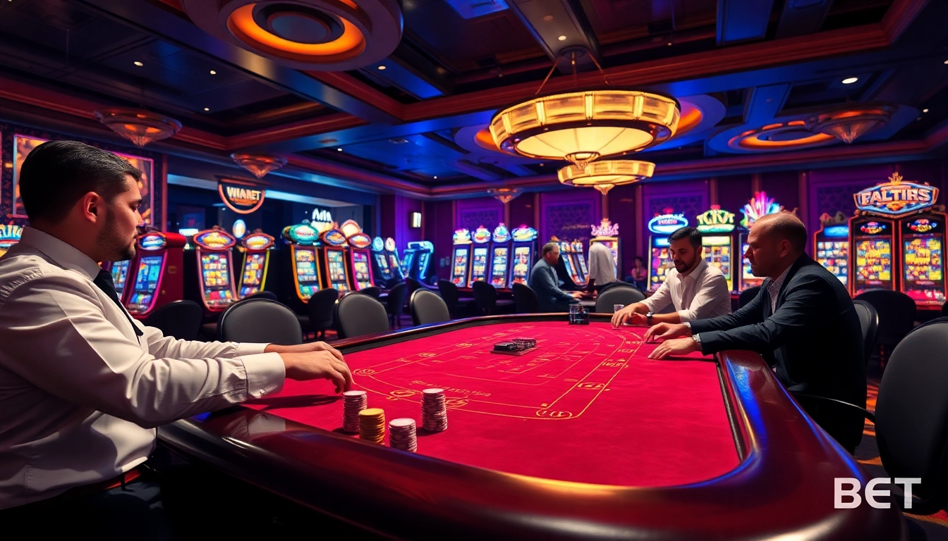 WINBET casino table with a lively blackjack game and colorful slot machines in a luxurious setting.