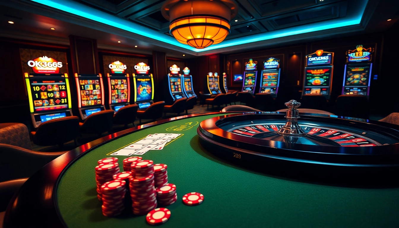 Engage in thrilling gambling experiences at https://ok365a.biz/ featuring professional casino tables and glowing slot machines.