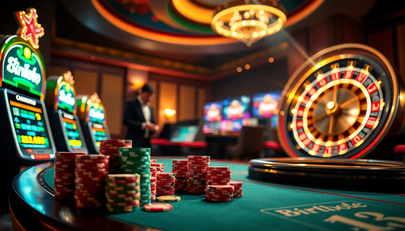 Rasakan sensasi birutoto dalam adegan kasino yang hidup dengan chip poker, mesin slot, dan roda roulette.
