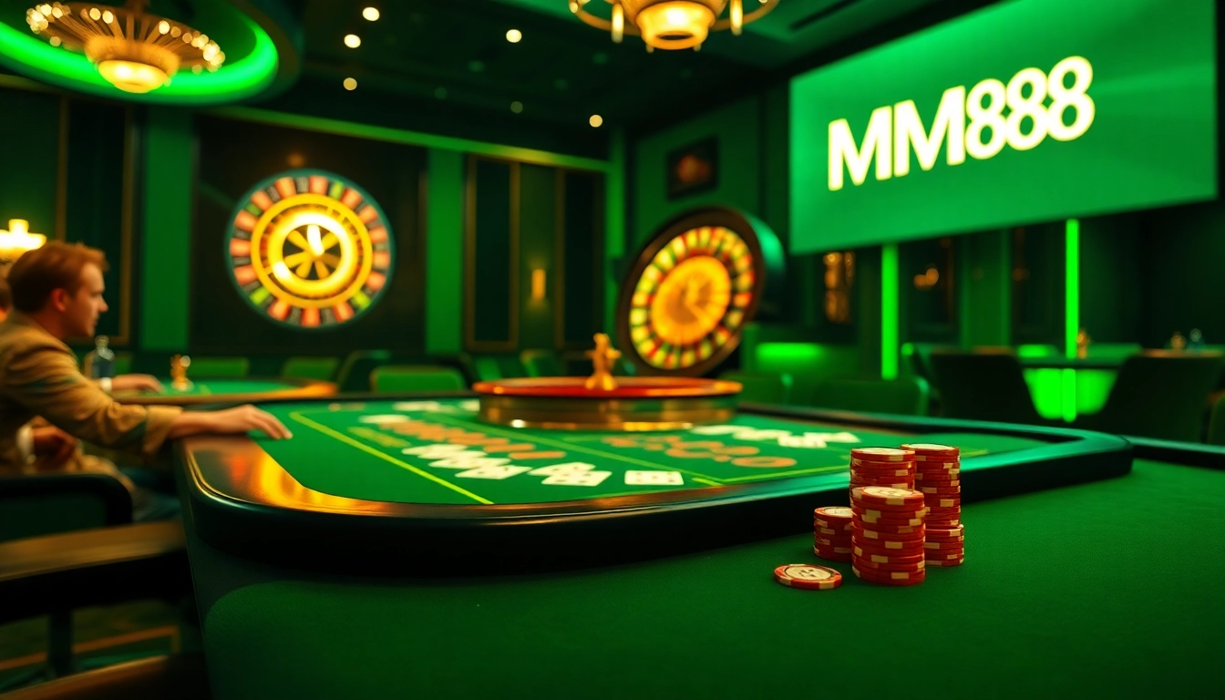 MM88 showcases an exciting poker game scenario with vibrant chips and a roulette wheel.