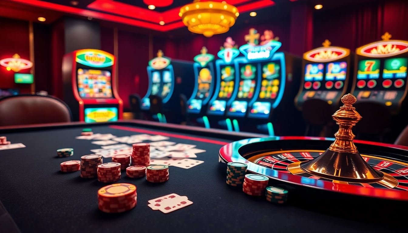 S8 gaming experience illustrated with vibrant casino tables, poker chips, and roulette wheels.