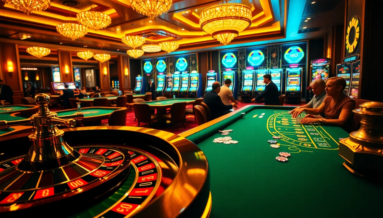 A glamorous casino scene highlighting the thrill of 888 new online gambling with players at roulette and poker tables.