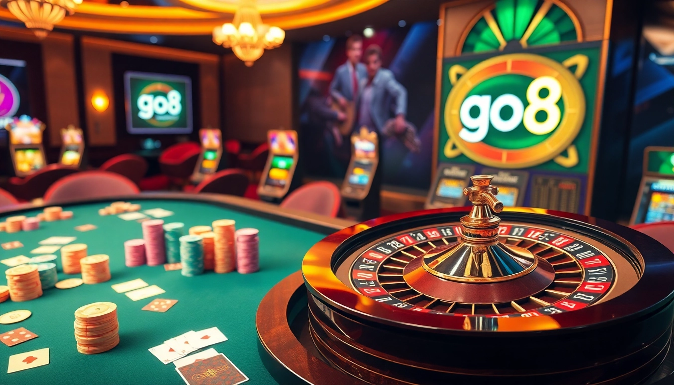 Experience the thrill of playing go8 chính thức with vibrant casino chips and cards.