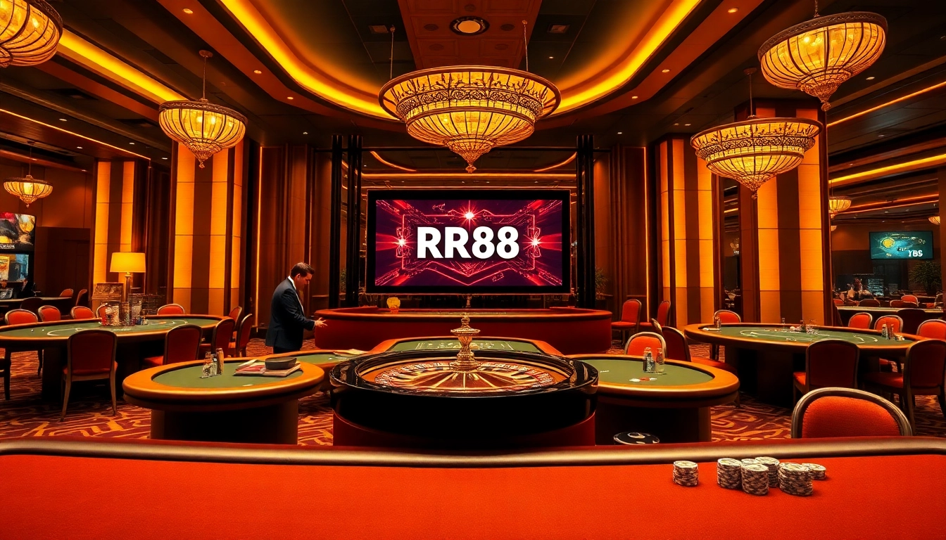 Engaging scene of RR88 Đăng nhập showing virtual casino excitement with poker chips and roulette.