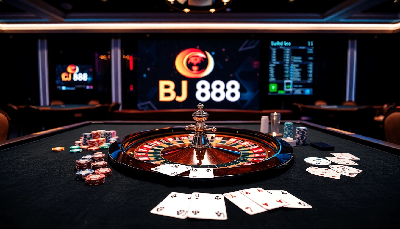 Experience high-stakes excitement at BJ 888's luxurious casino table with poker chips and a roulette wheel.