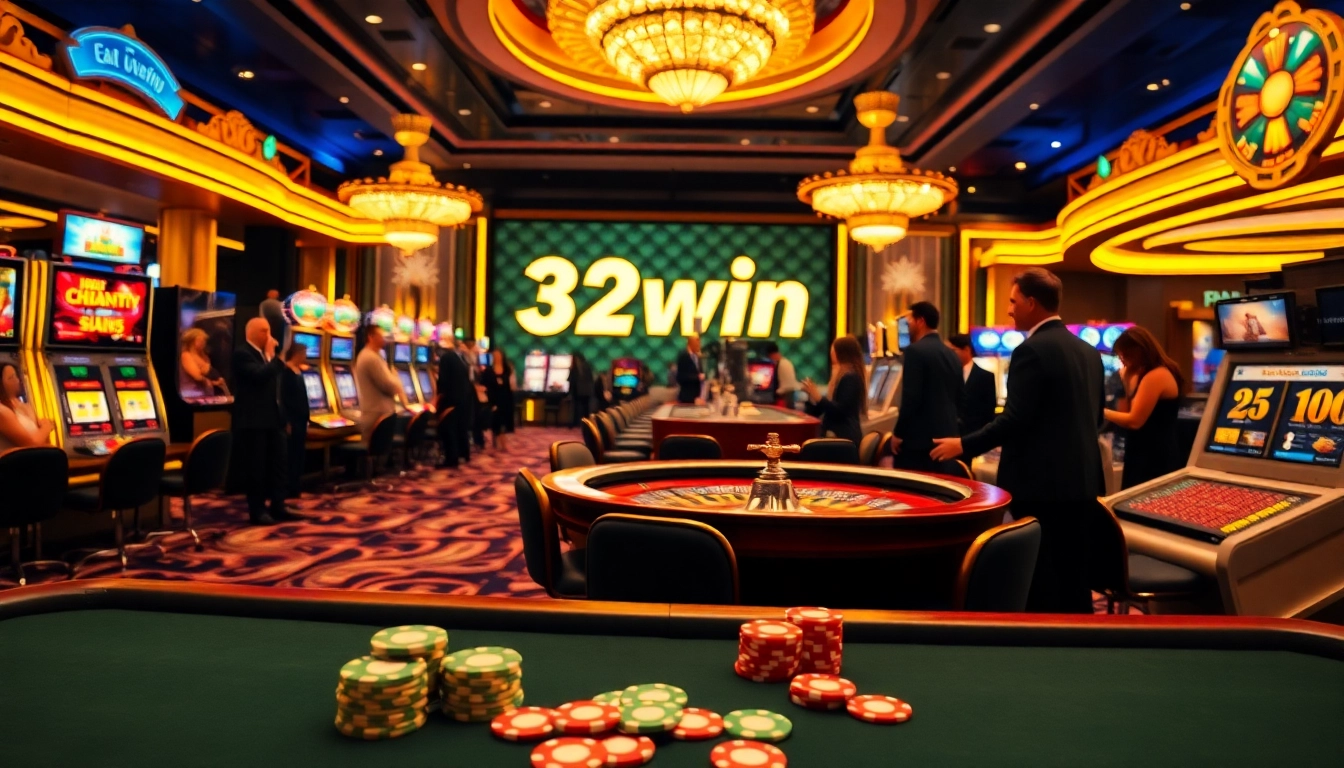 Players enjoying games in a luxurious casino setting highlighting 32win com logo.