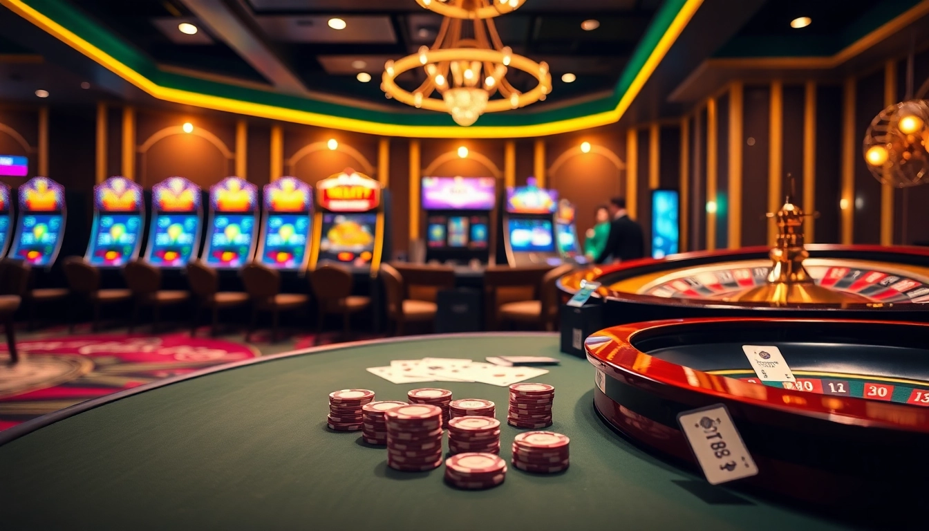 GG88 gaming action featuring poker chips, cards, and roulette wheel in a luxurious casino setting.