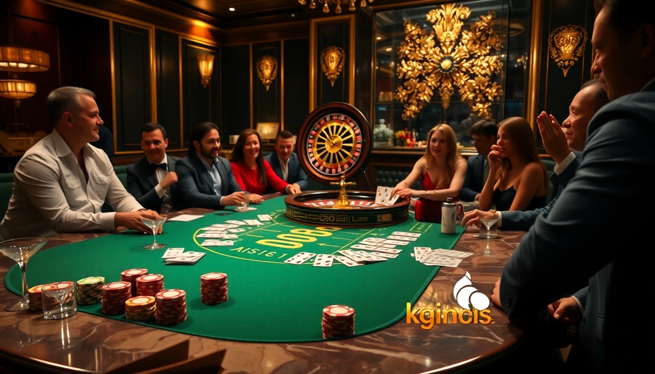 Players enjoy a thrilling poker game at the KJC Global casino, featuring cards and chips.